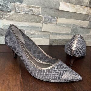 Adrianna Papell Womens Silver Honeycomb Glitter Mesh Kitten Heels Size 8.5 Pump